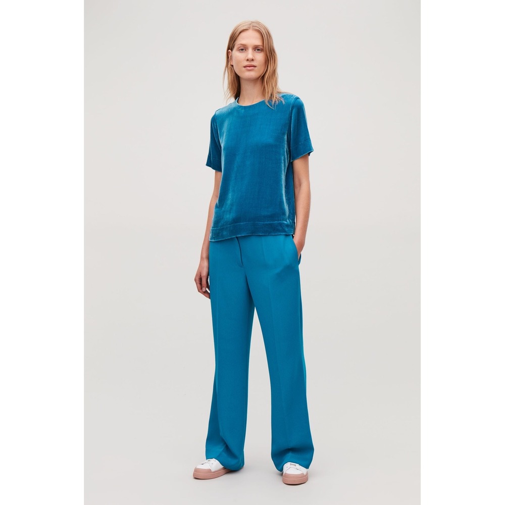 COS Womens Teal Blue Silk Blend Velvet Short Sleeve Blouse Top 12 Round Neck Zip